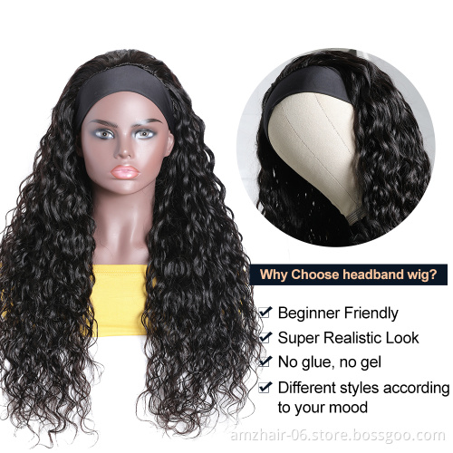 Wholesale 100%Human Hair Headband Wig Natural Water Wave Indian Cuticle Aligned Human Hair Non Lace Closure Wigs For Black Women